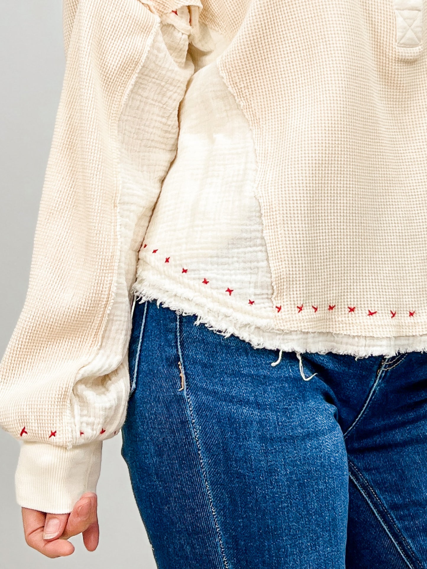 Washed X Stitch Detail Fabric Mix Long Sleeve Top