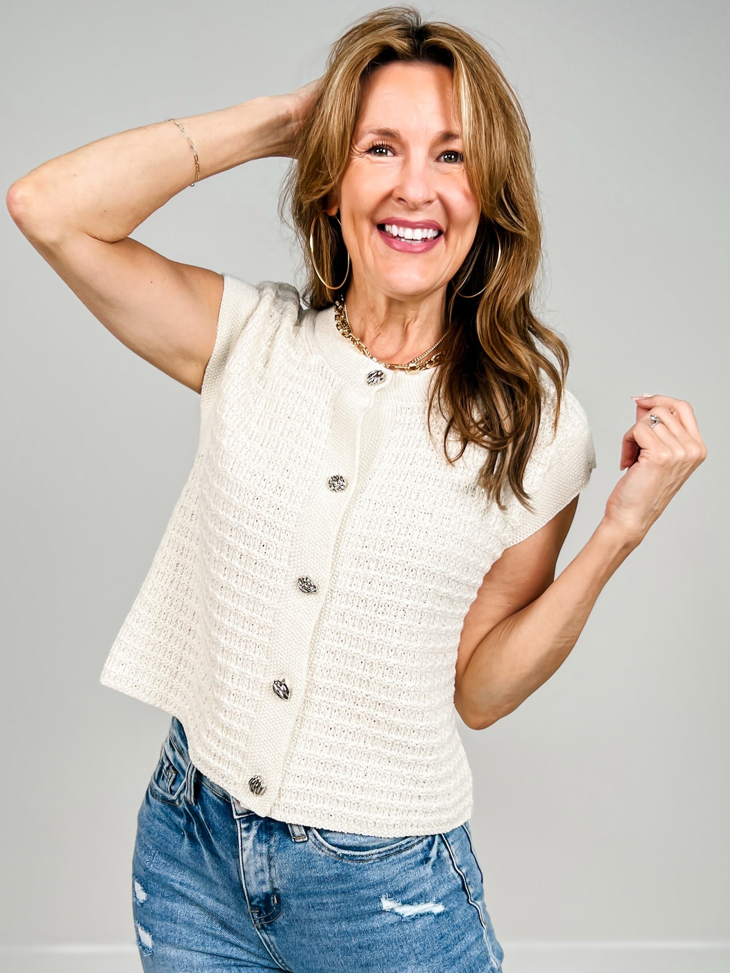 Button Hardware Detail Short Sleeve Knit Cardigan