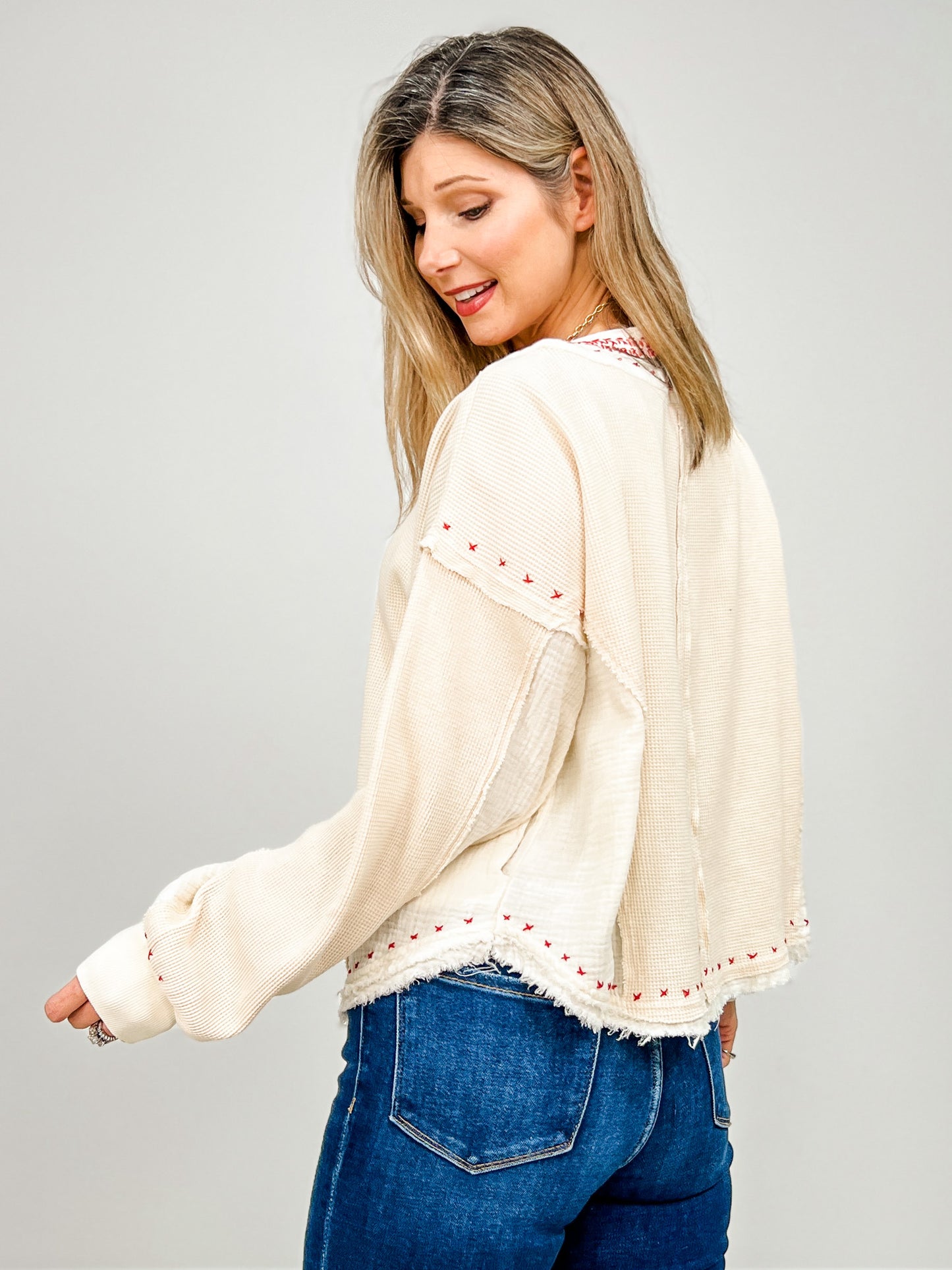 Washed X Stitch Detail Fabric Mix Long Sleeve Top