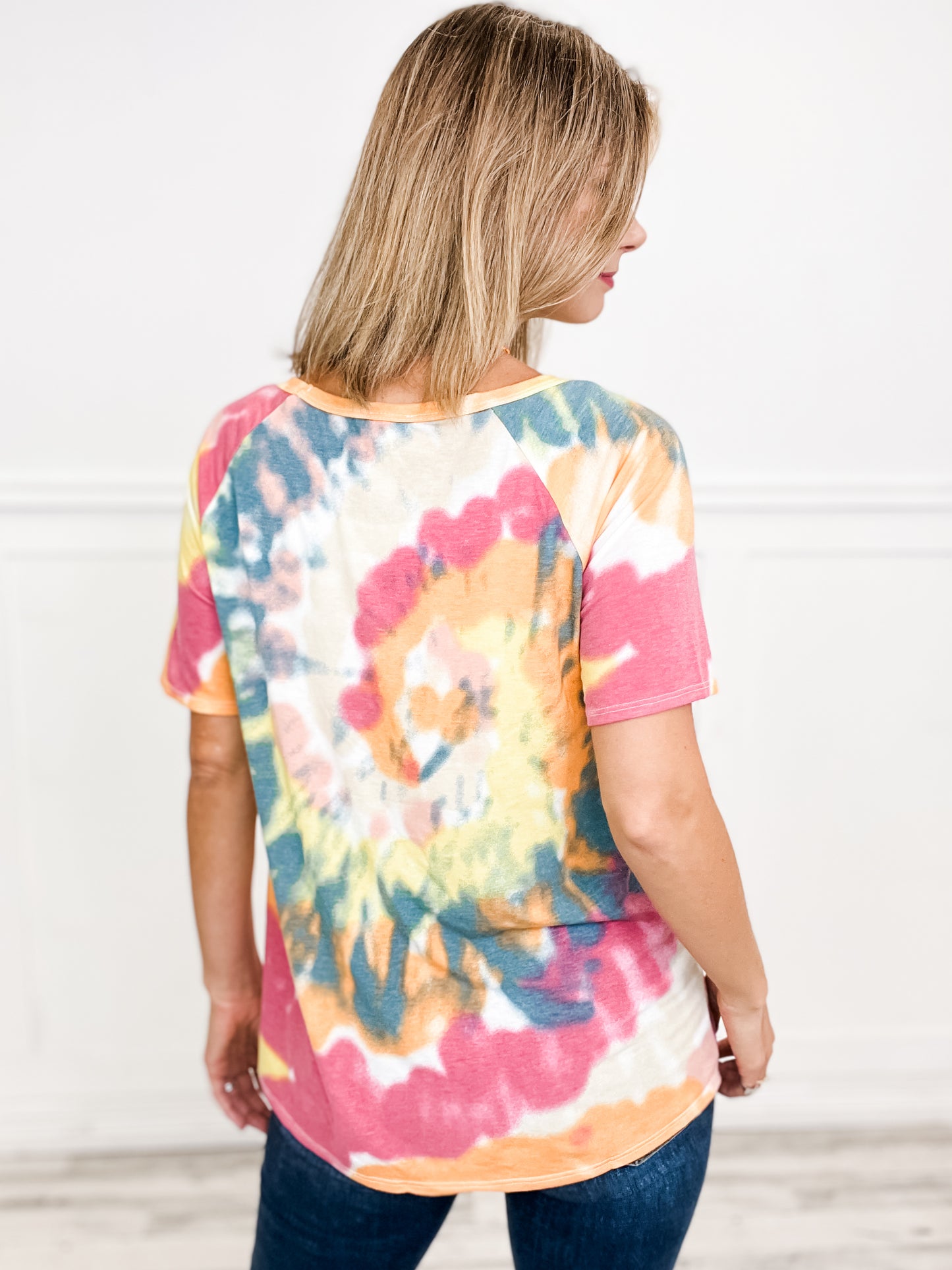 Tie Dye Print Knit Top with Raglan Sleeves