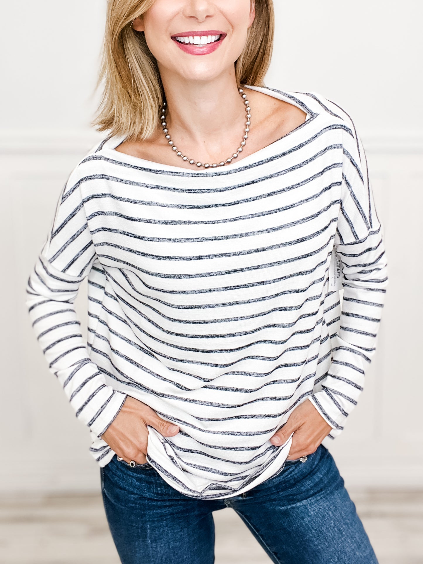 STRIPED KNIT WIDE NECK LONG SLEEVE TOP