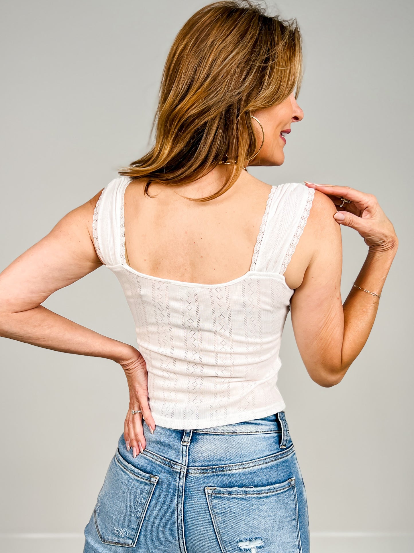 Pointelle Lace Trim Front Tie Sleeveless Knit Top