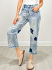 Washed Stretch Floral Embroidery Denim Pants
