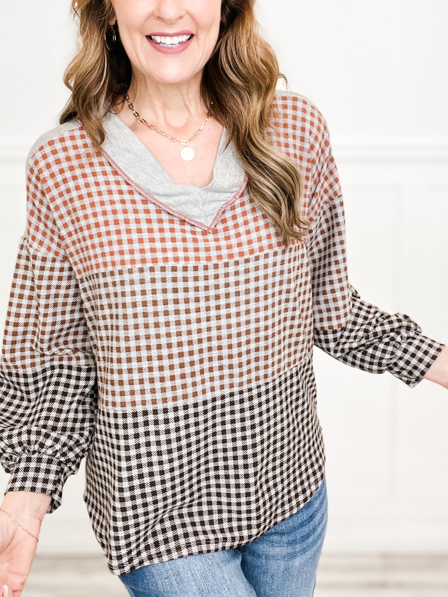 Color Block Gingham Print French Terry V-Neck Top