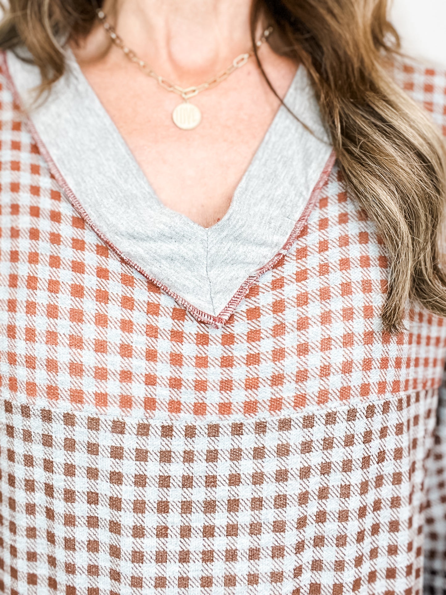 Color Block Gingham Print French Terry V-Neck Top