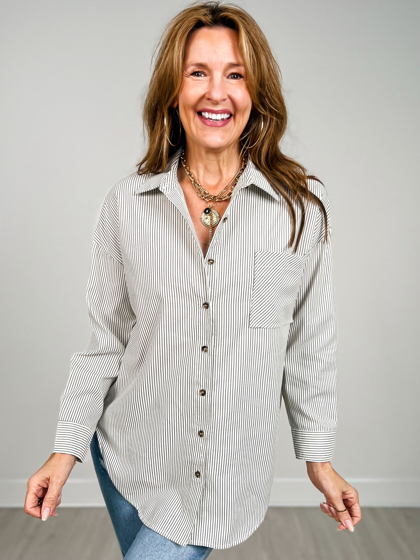 Striped Long Sleeve Collared Shirt