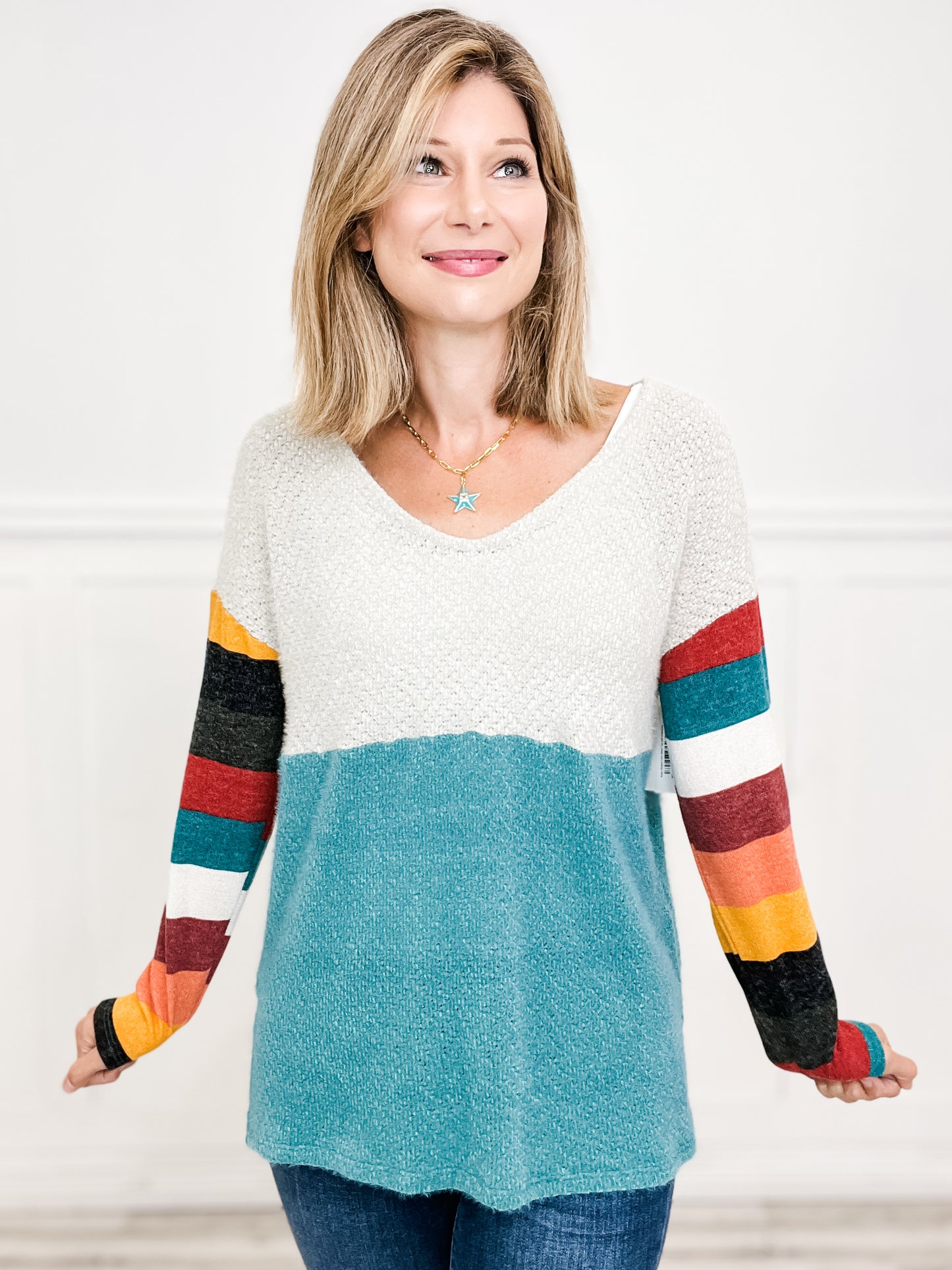 Sugar Striped Color Block Top with V-Neckline