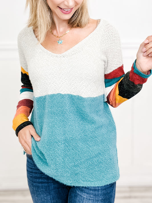 Sugar Striped Color Block Top with V-Neckline