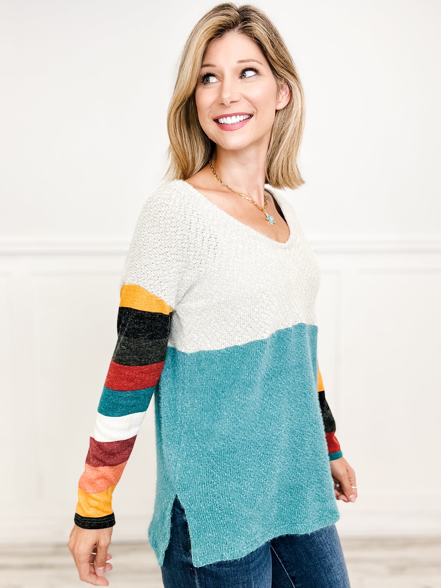 Sugar Striped Color Block Top with V-Neckline