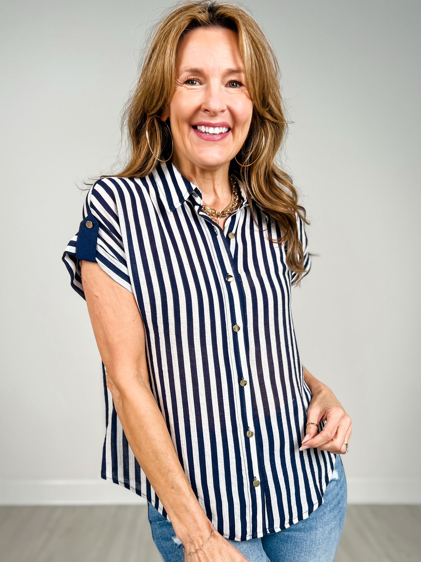 Short Sleeve Striped Lightweight Woven Top