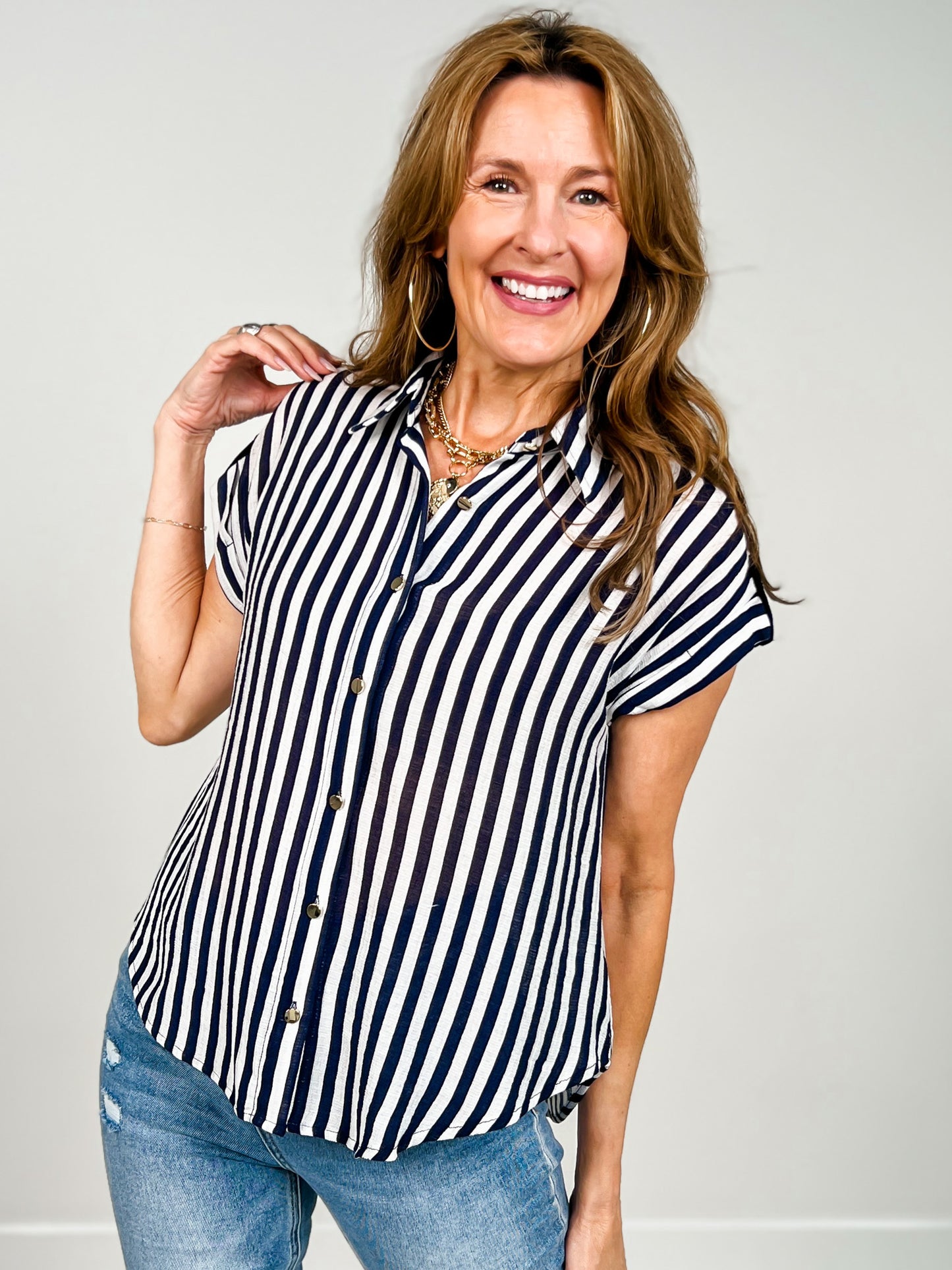 Short Sleeve Striped Lightweight Woven Top