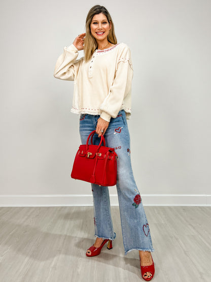 Washed X Stitch Detail Fabric Mix Long Sleeve Top