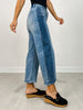 Two Tone Side Panel Stretch Barrel Cropped Jeans in Blue Denim