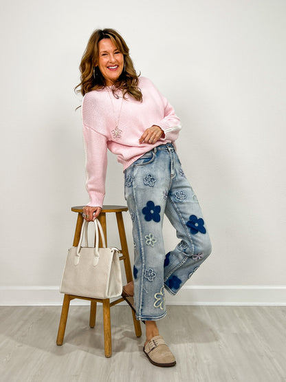Washed Stretch Floral Embroidery Denim Pants