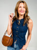 Round Neck Button Down Sleeveless Denim Vest