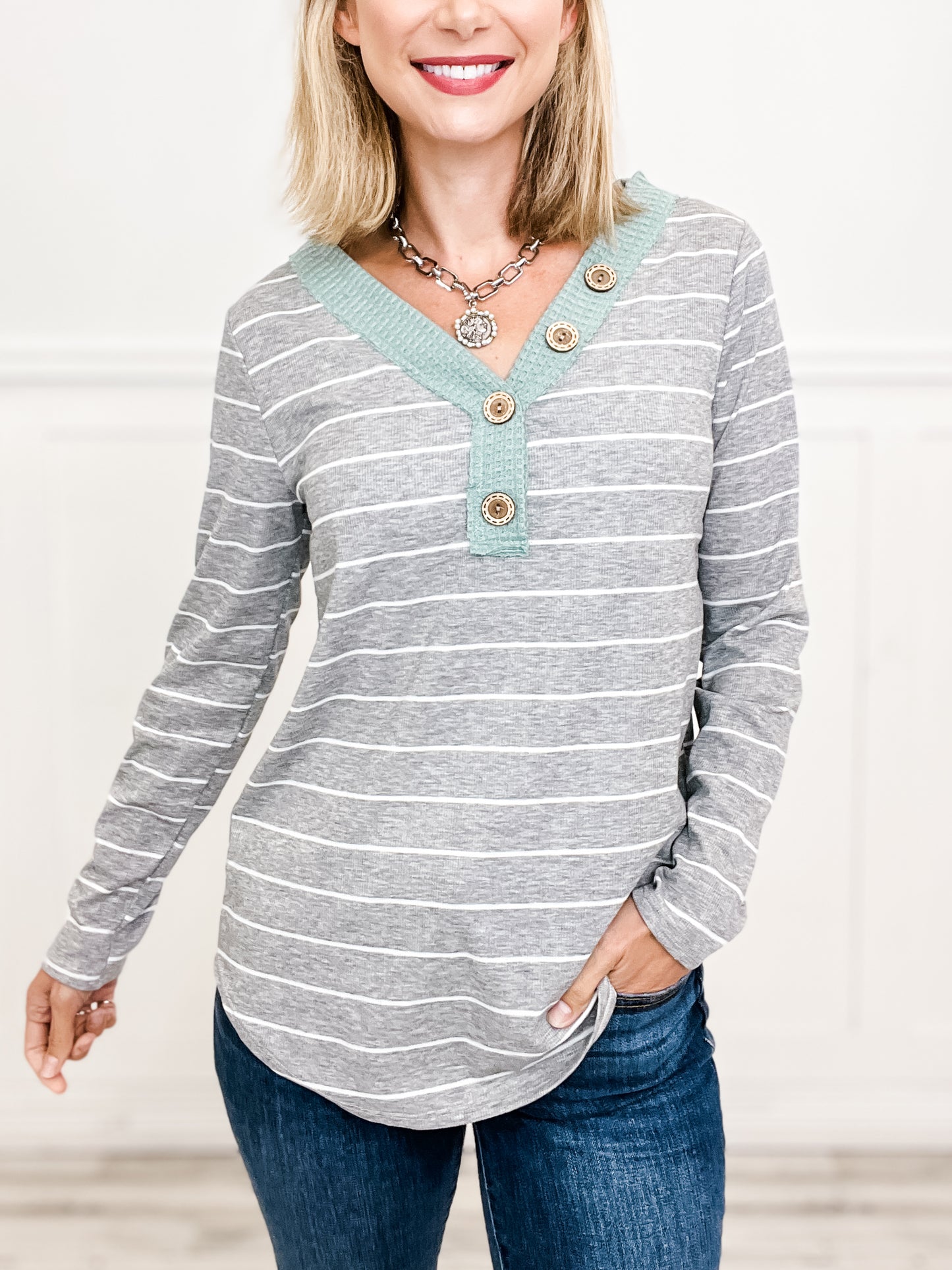 Waffle V-Neck Striped Top with Button Neckline