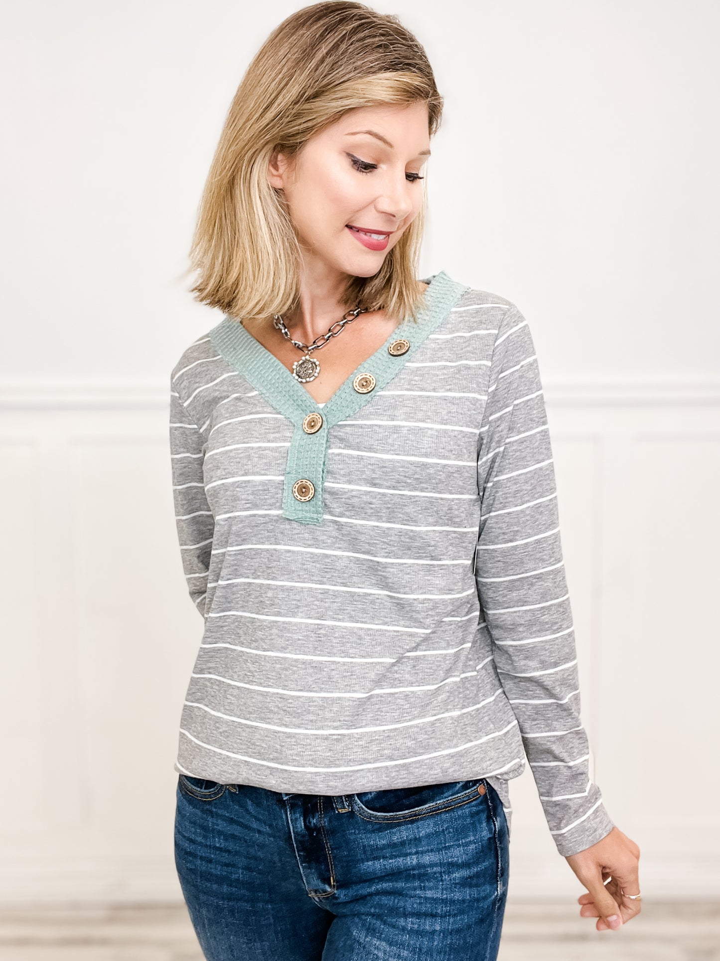 Waffle V-Neck Striped Top with Button Neckline