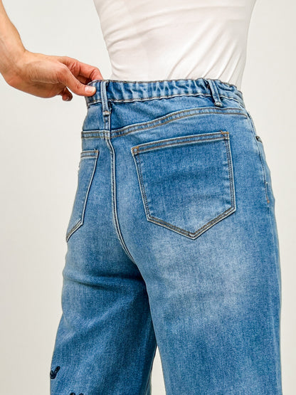 Washed Flower Cutouts Denim Pants