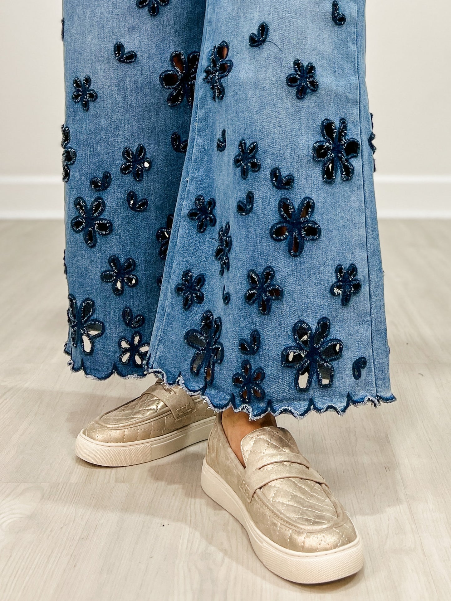 Washed Flower Cutouts Denim Pants