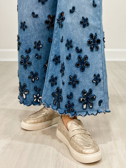 Washed Flower Cutouts Denim Pants