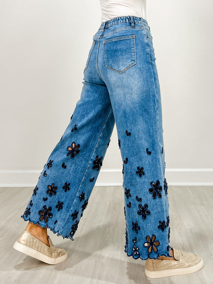 Washed Flower Cutouts Denim Pants
