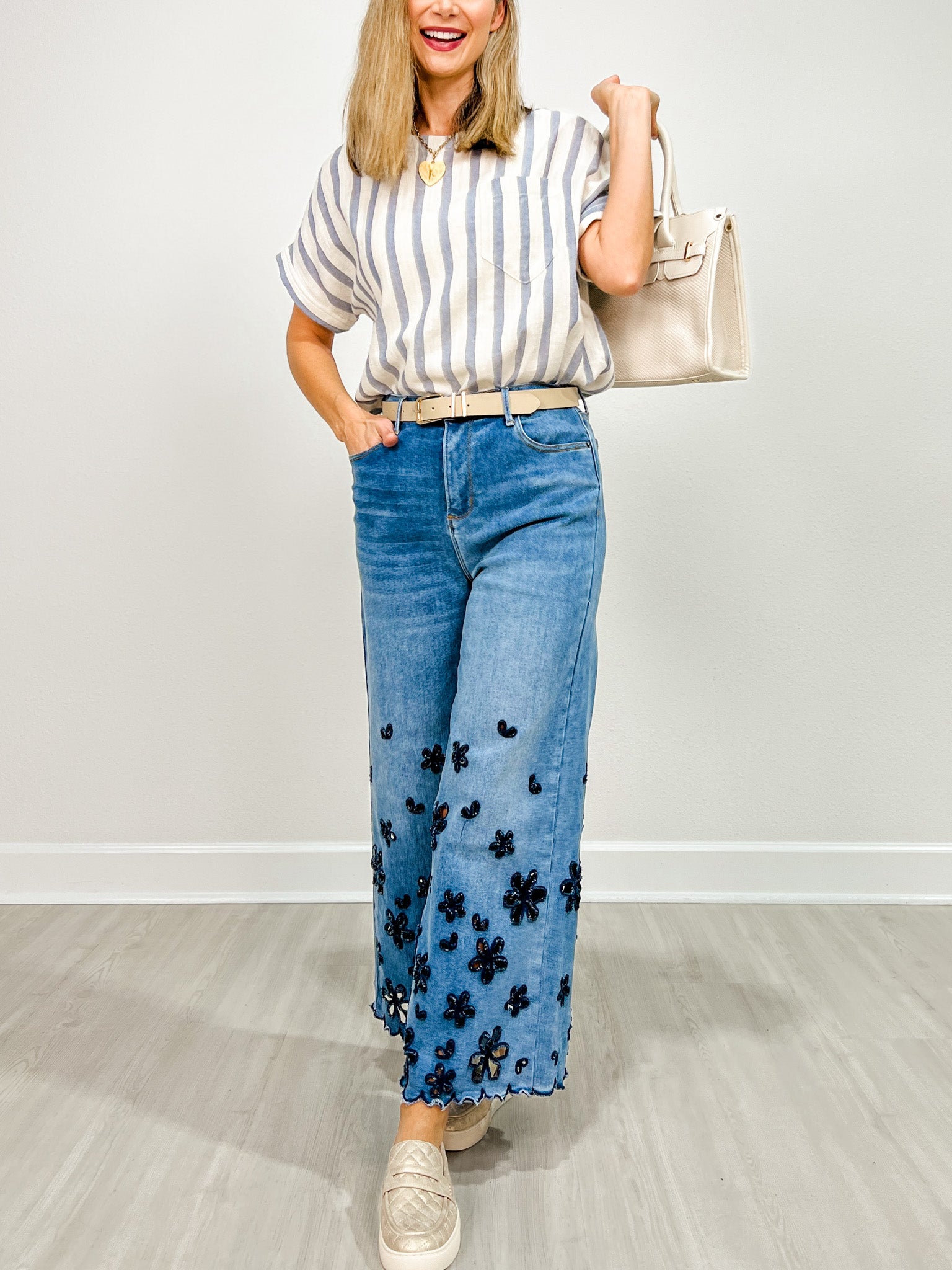 Washed Flower Cutouts Denim Pants
