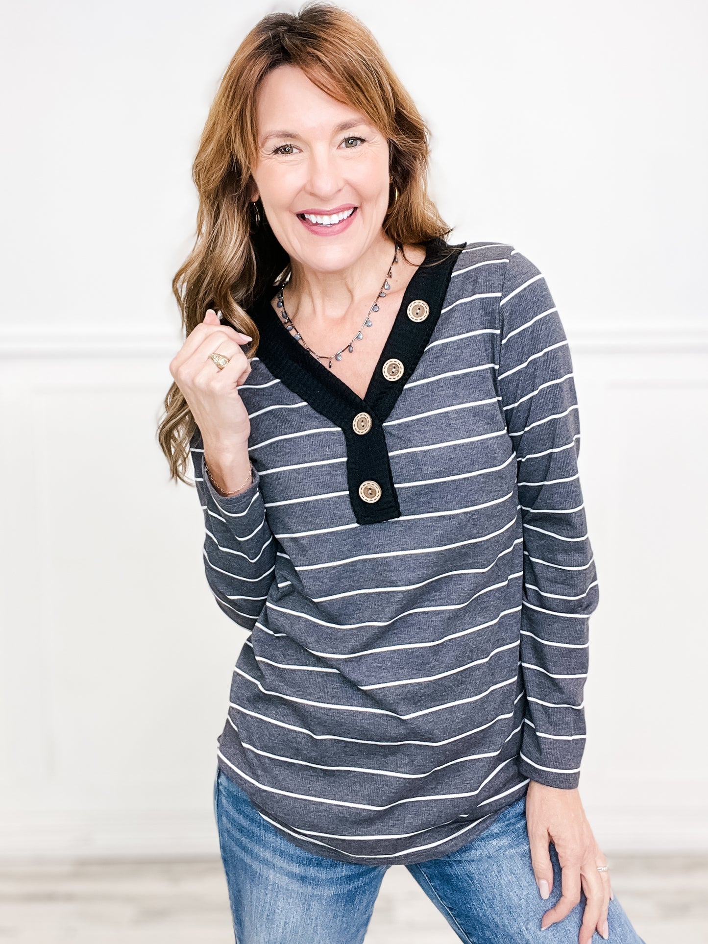 Waffle V-Neck Striped Top with Button Neckline