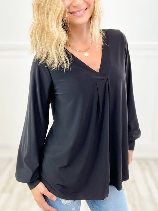 All My Life Solid Knit V-Neck Top with Pleated Detail