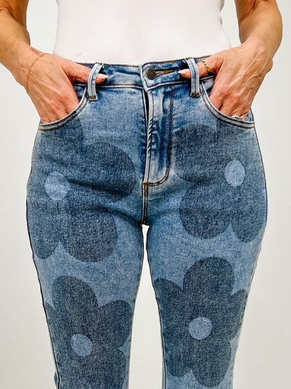 High Rise Washed Floral Bootcut Jeans