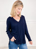 Long Sleeve Knit Sweater Top with V-Neckline and Front Pocket