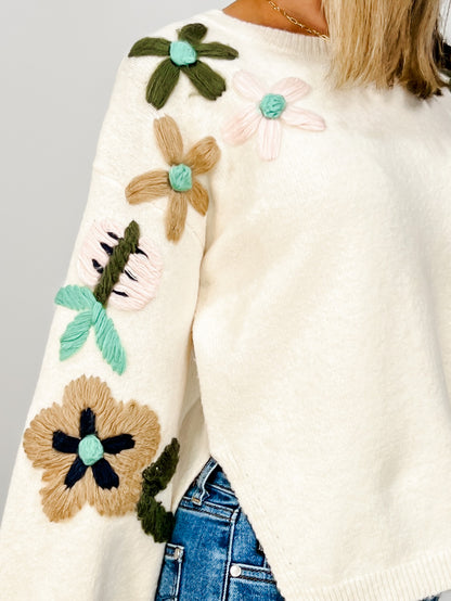 Floral Embroidered Balloon Sleeve Sweater Top