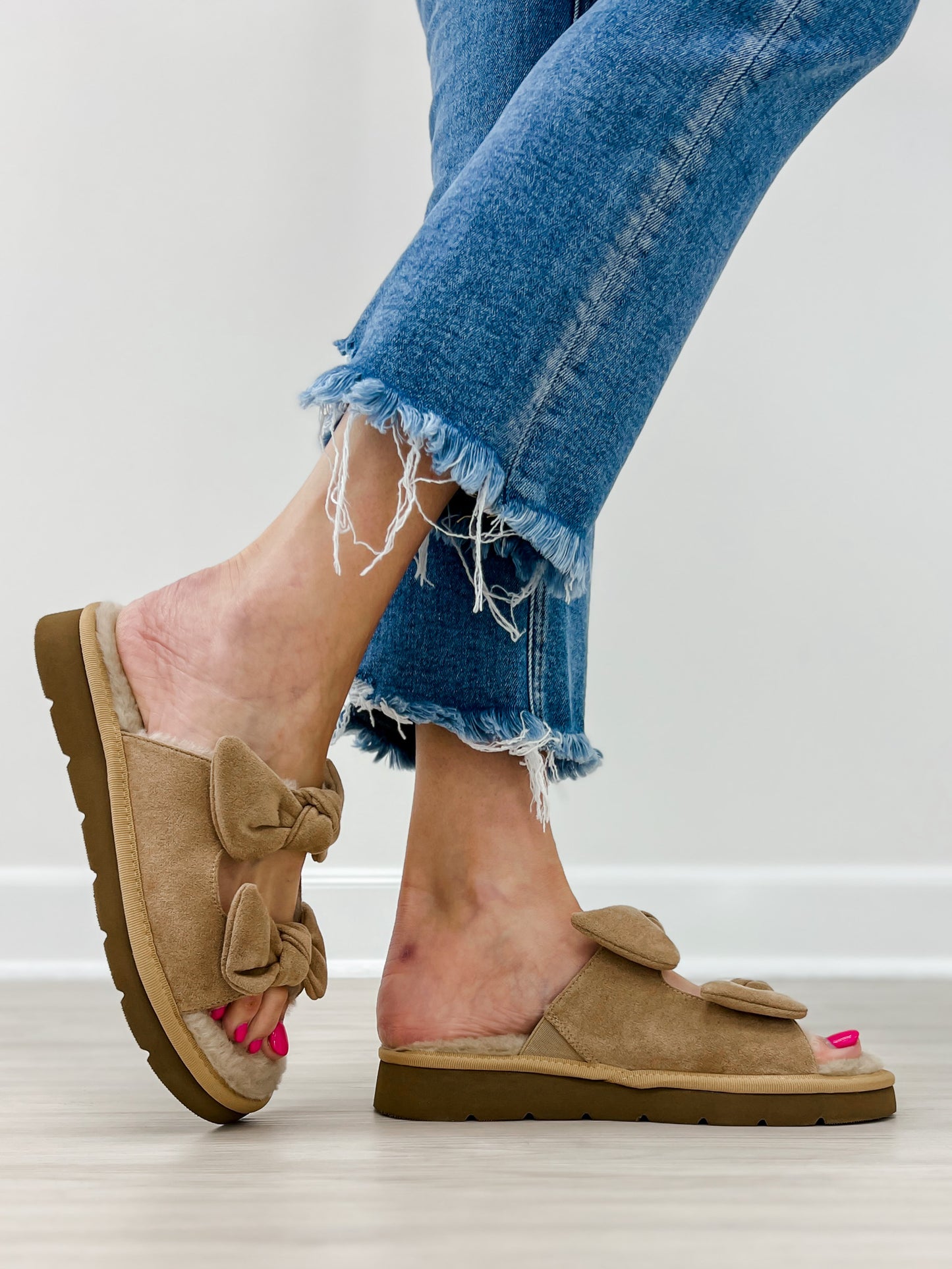 Corkys Airplane Mode Double Bow Sandals in Sand Faux Suede