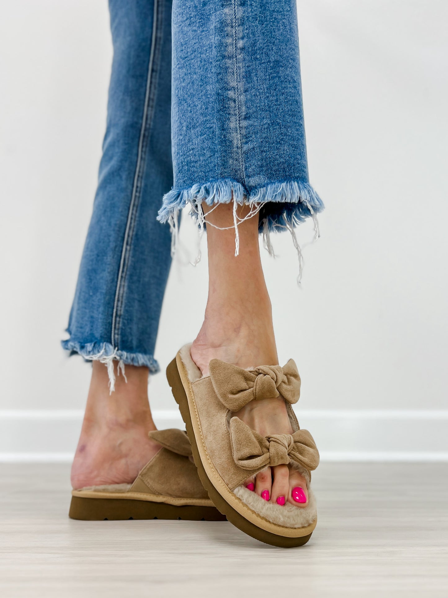 Corkys Airplane Mode Double Bow Sandals in Sand Faux Suede