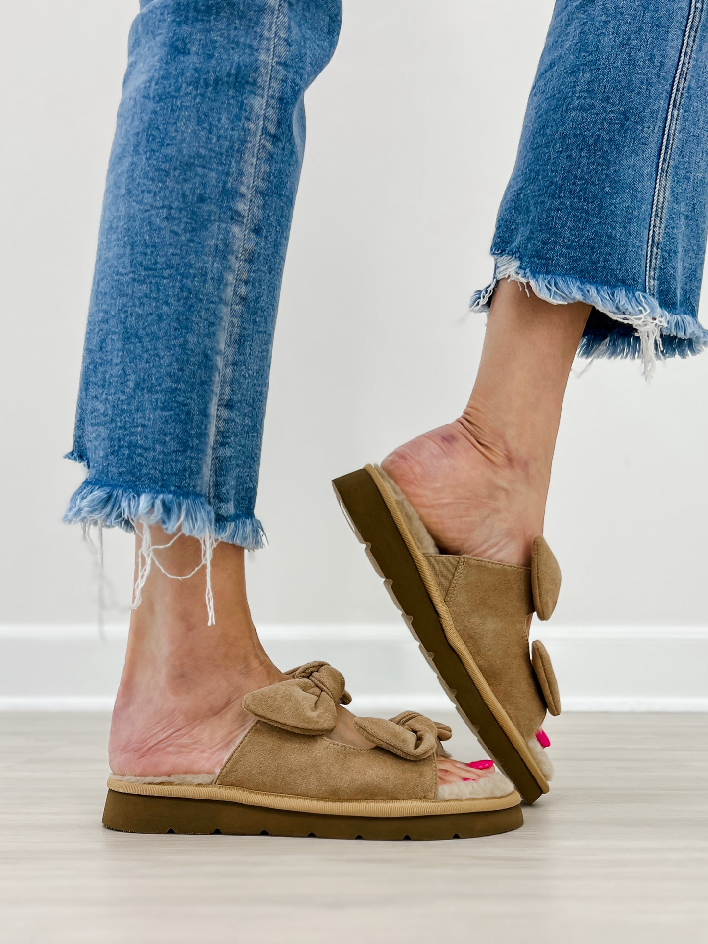 Corkys Airplane Mode Double Bow Sandals in Sand Faux Suede