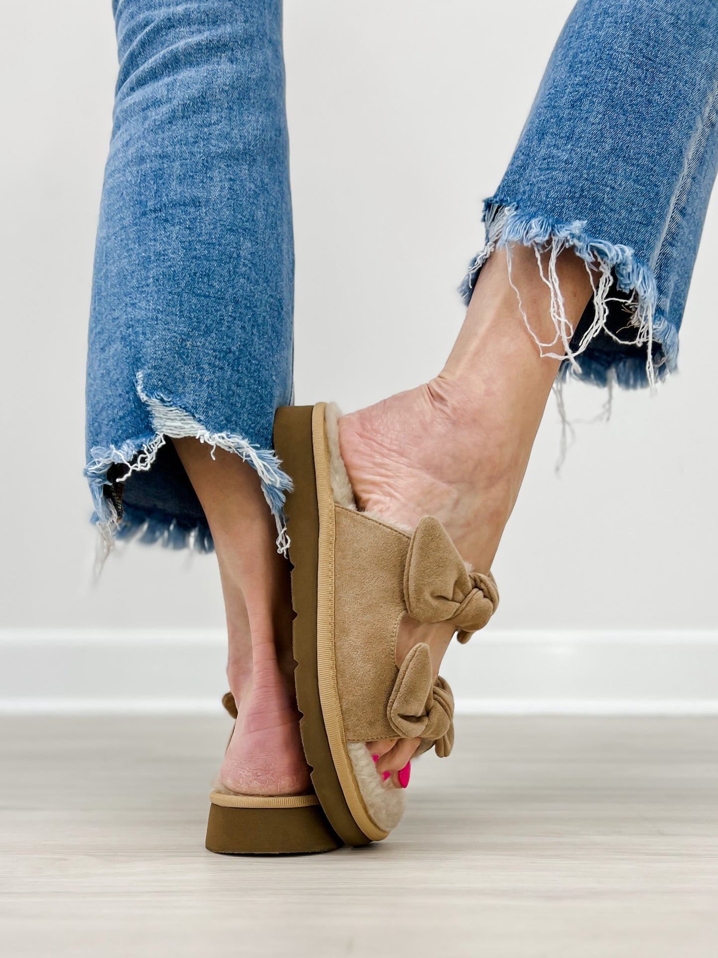 Corkys Airplane Mode Double Bow Sandals in Sand Faux Suede