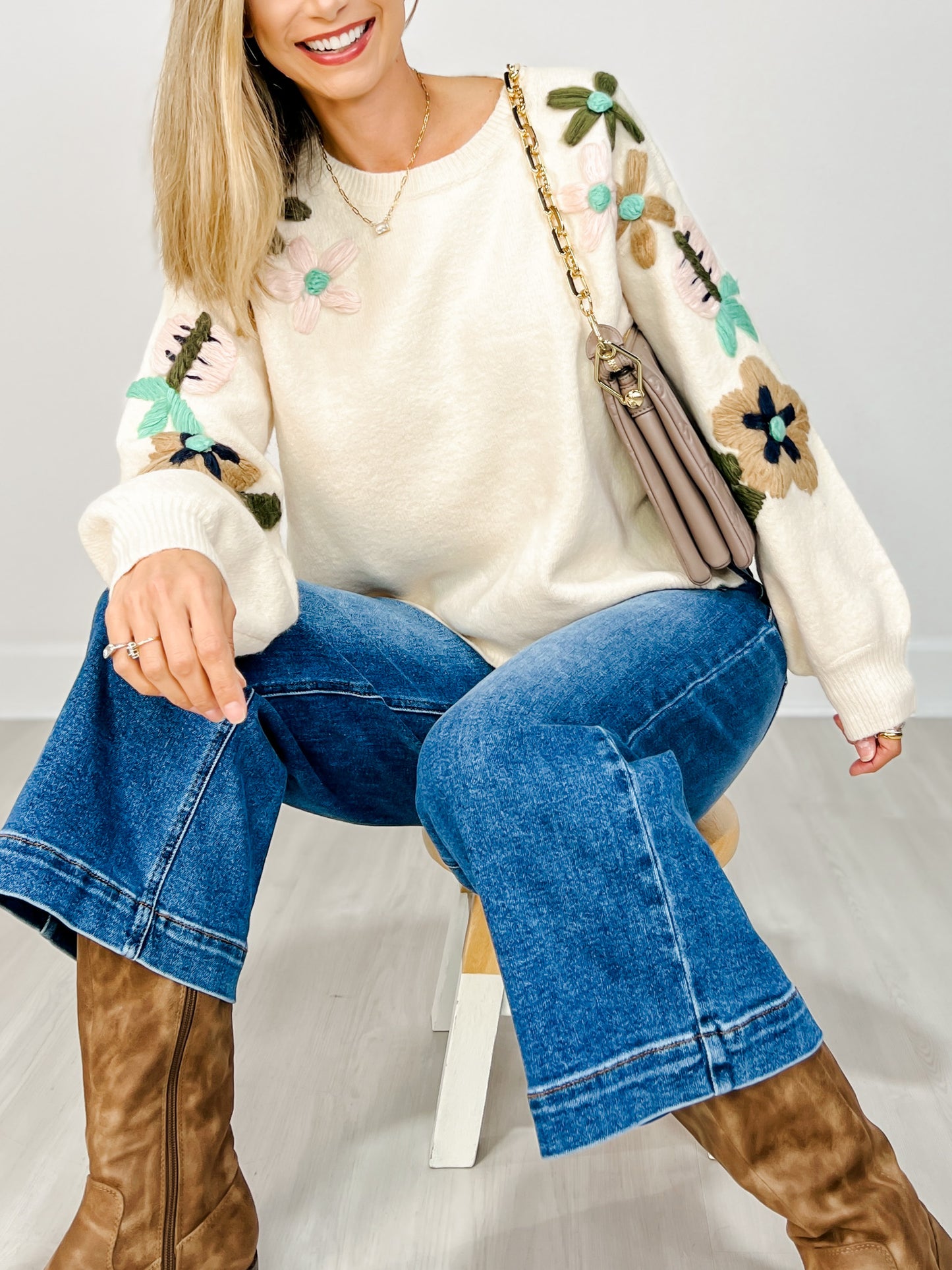 Floral Embroidered Balloon Sleeve Sweater Top
