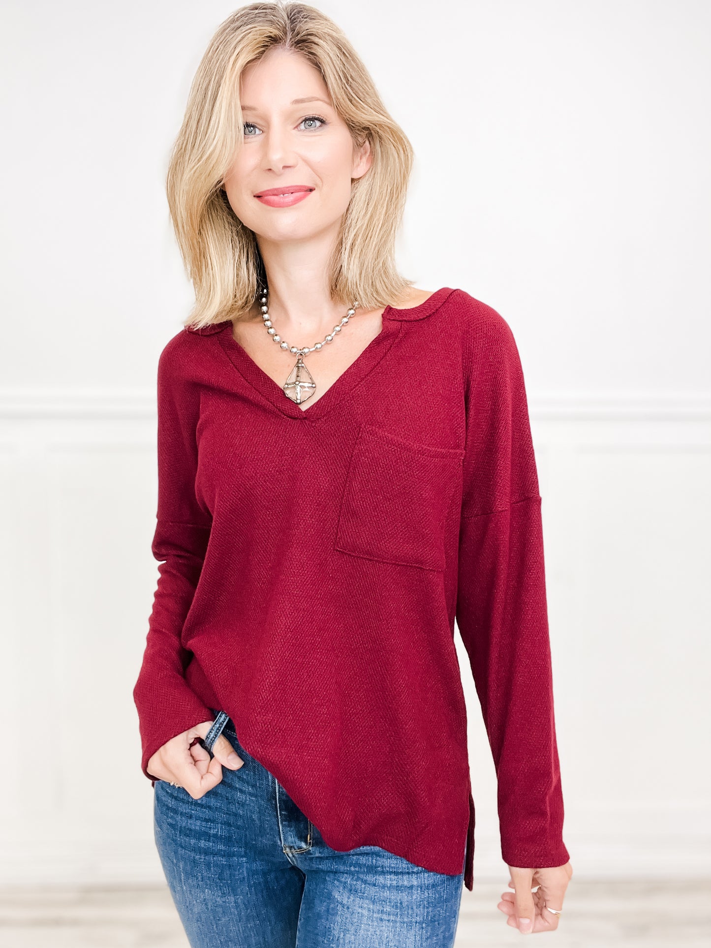 Long Sleeve Knit Sweater Top with V-Neckline and Front Pocket