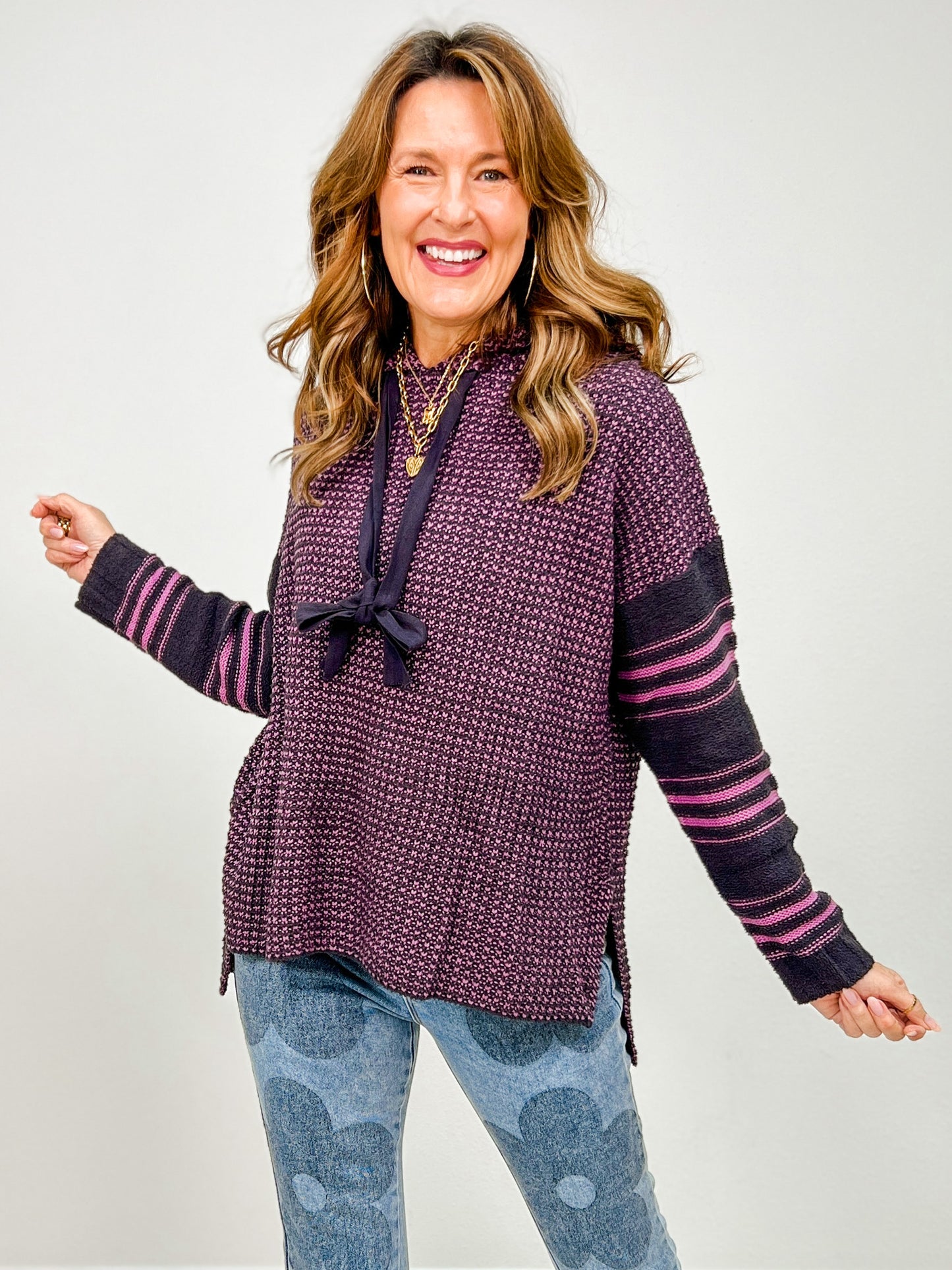 Two Tone Striped Sleeve Hooded Sweater