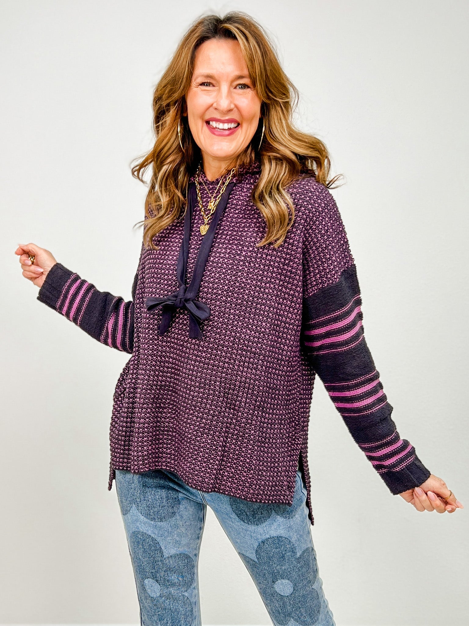 Two Tone Striped Sleeve Hooded Sweater