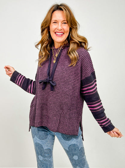 Two Tone Striped Sleeve Hooded Sweater