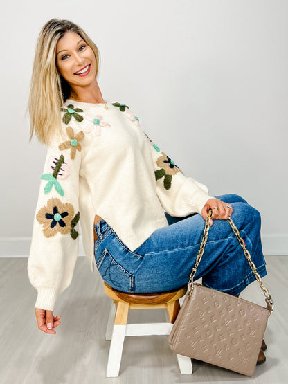 Floral Embroidered Balloon Sleeve Sweater Top