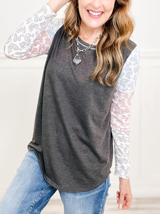 French Terry with Paisley Tri-blend Color Block Top