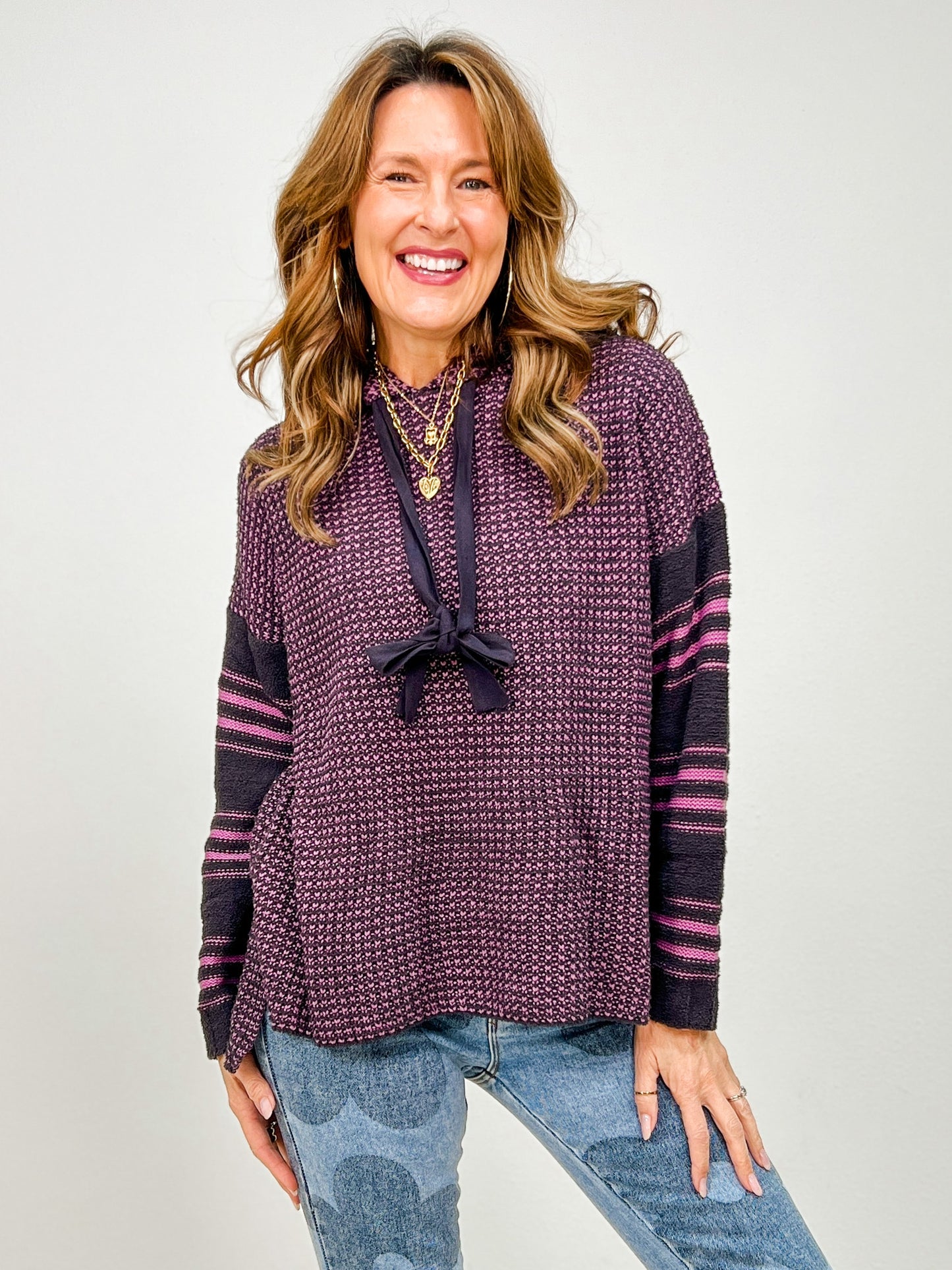 Two Tone Striped Sleeve Hooded Sweater