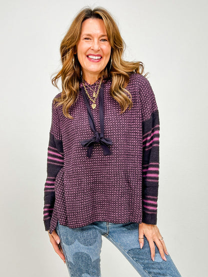 Two Tone Striped Sleeve Hooded Sweater