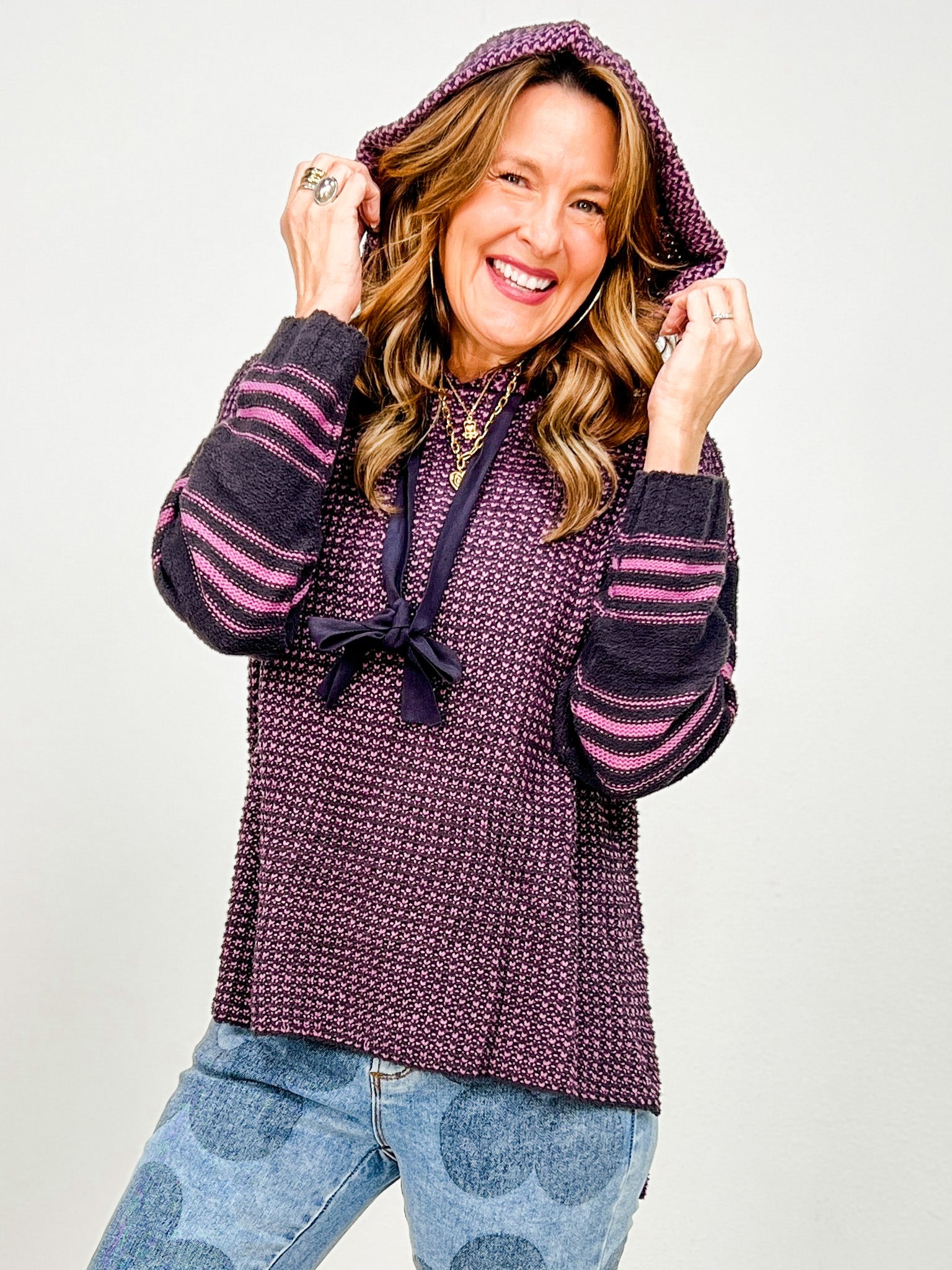 Two Tone Striped Sleeve Hooded Sweater