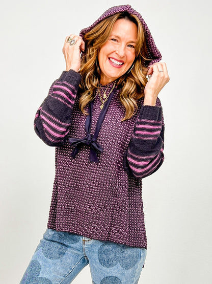 Two Tone Striped Sleeve Hooded Sweater