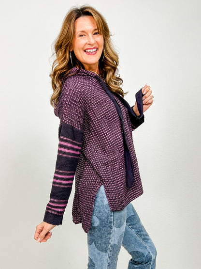 Two Tone Striped Sleeve Hooded Sweater