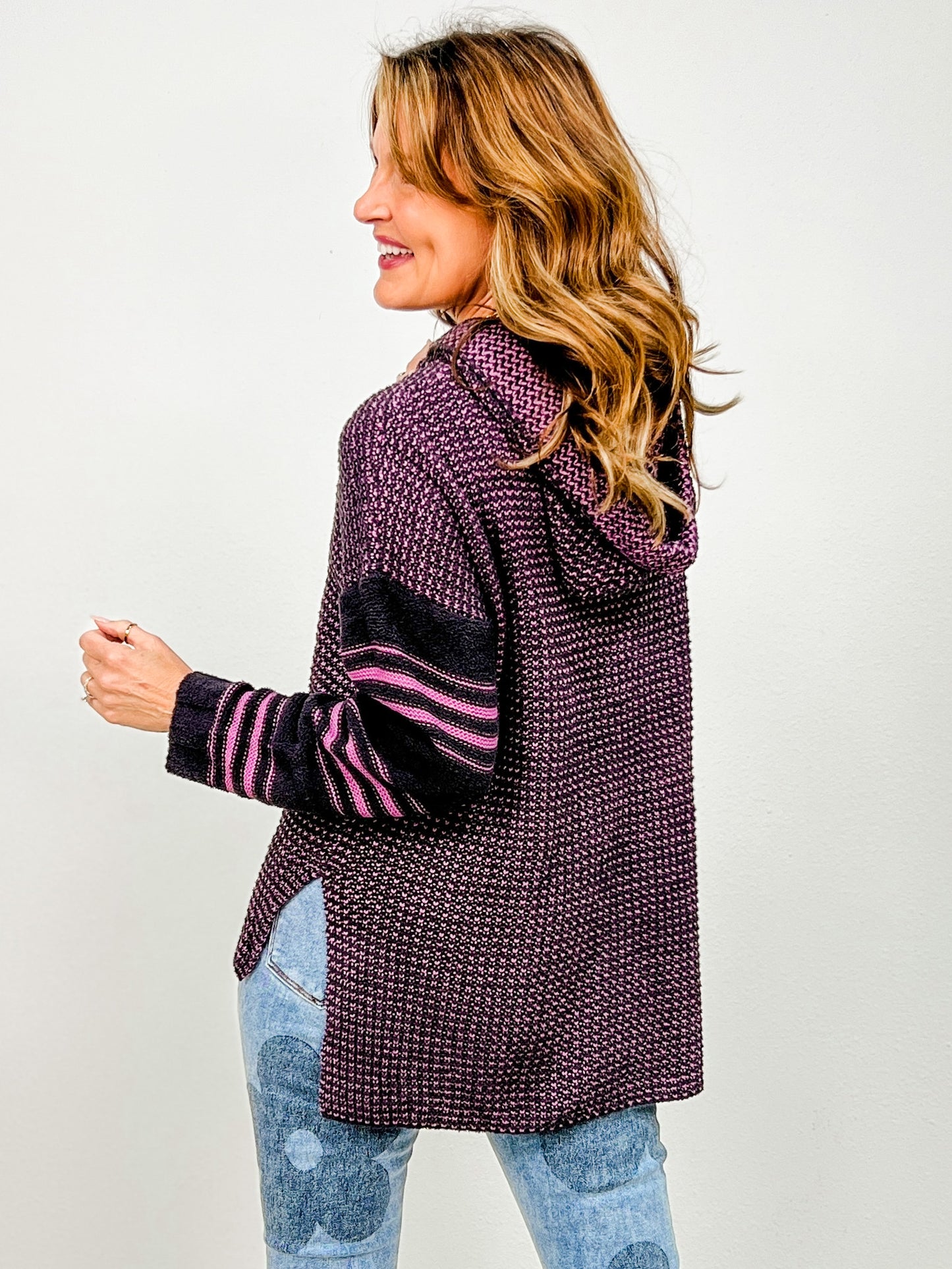 Two Tone Striped Sleeve Hooded Sweater