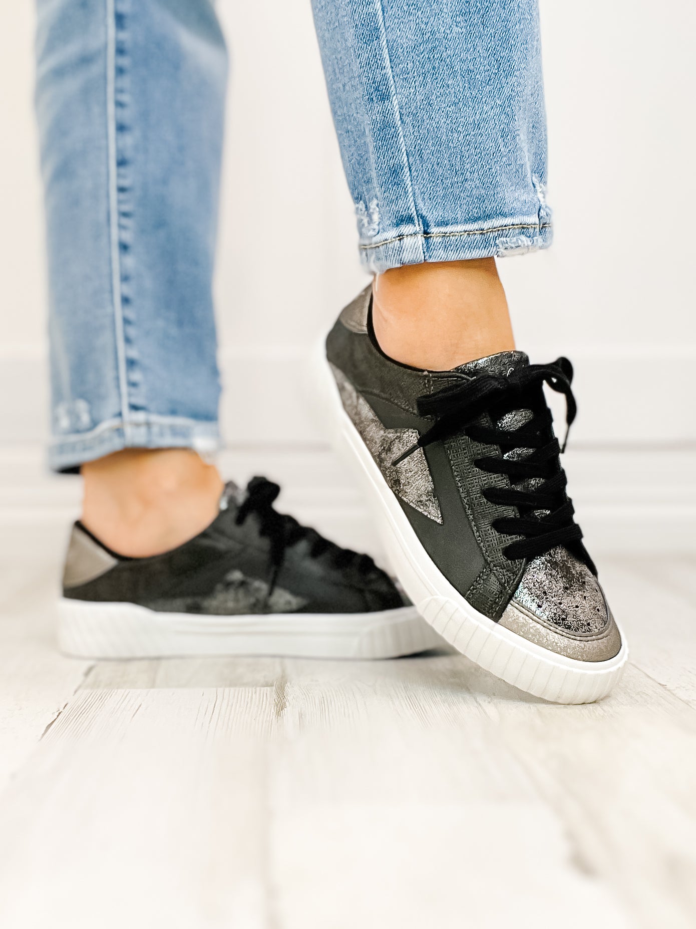 Blowfish Willa Sneaker Shoes in Light Black Orbital/Black Ella/Pewter Glitter Snake