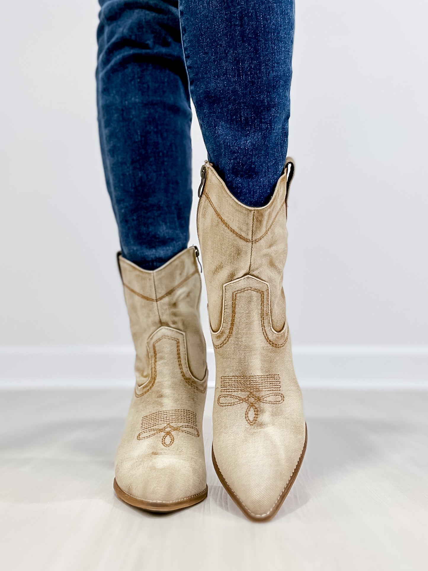 Corkys Smoke Show Western Booties in Washed Beige Denim